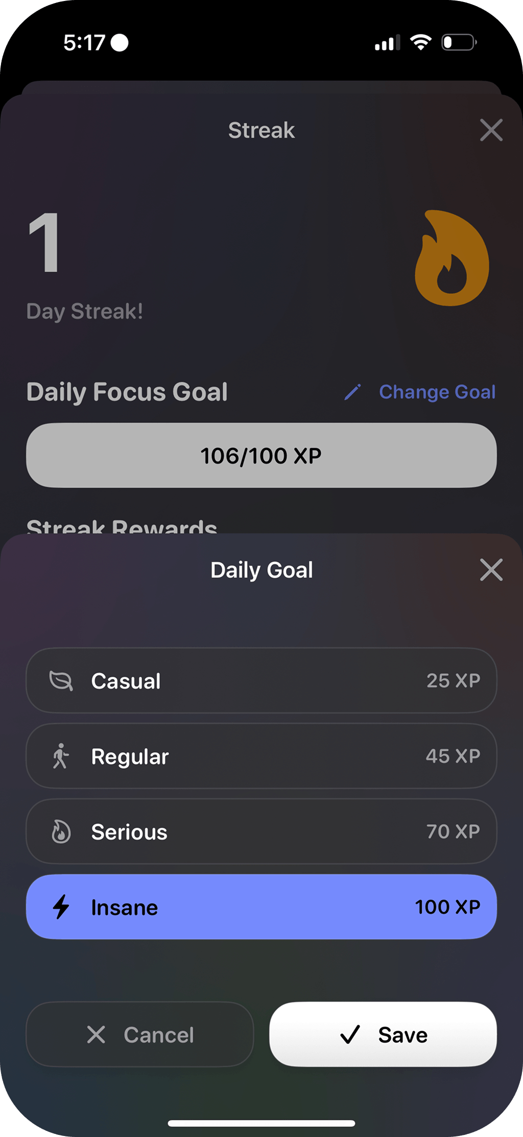 Streak and daily goal interface showing XP progress and difficulty levels