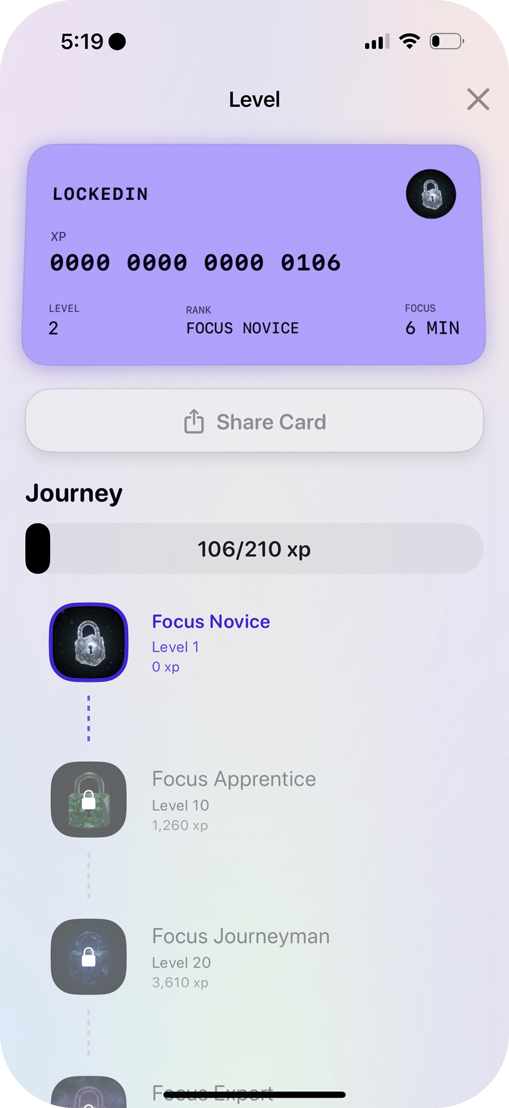 Gamified progression system with XP, levels, ranks, and milestone journey
