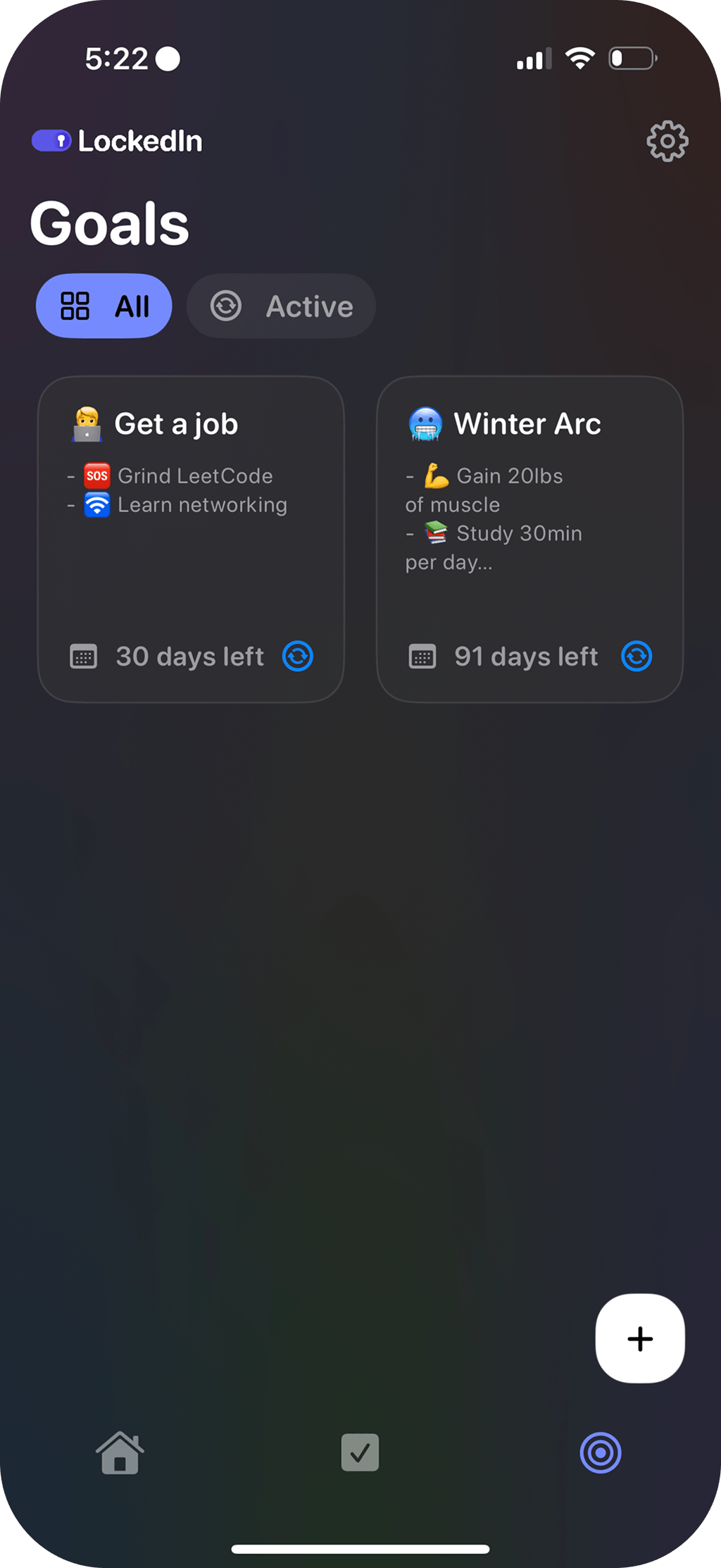 Goal tracking with active goals, deadlines, and sub-tasks