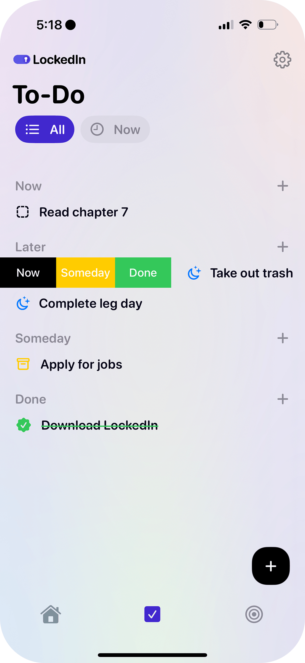 To-do management with Now, Later, Someday, and Done categories